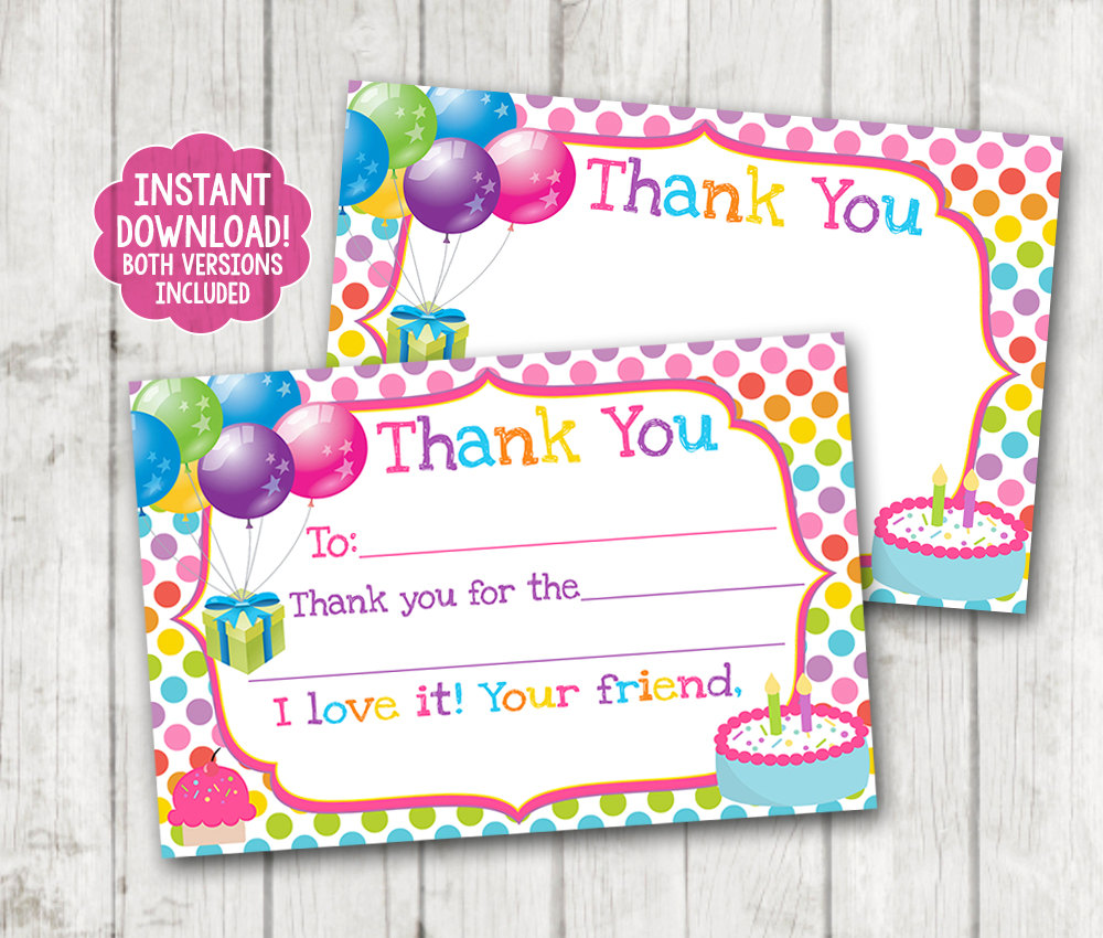 instant download printable birthday thank you cards balloons thank you ...