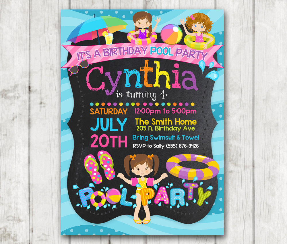 Printable Pool Party Birthday Invitations Girls Pool Party