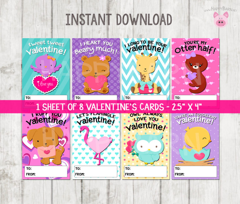 Printable Animals Valentine's Day Cards, Kids School Valentines Cards ...