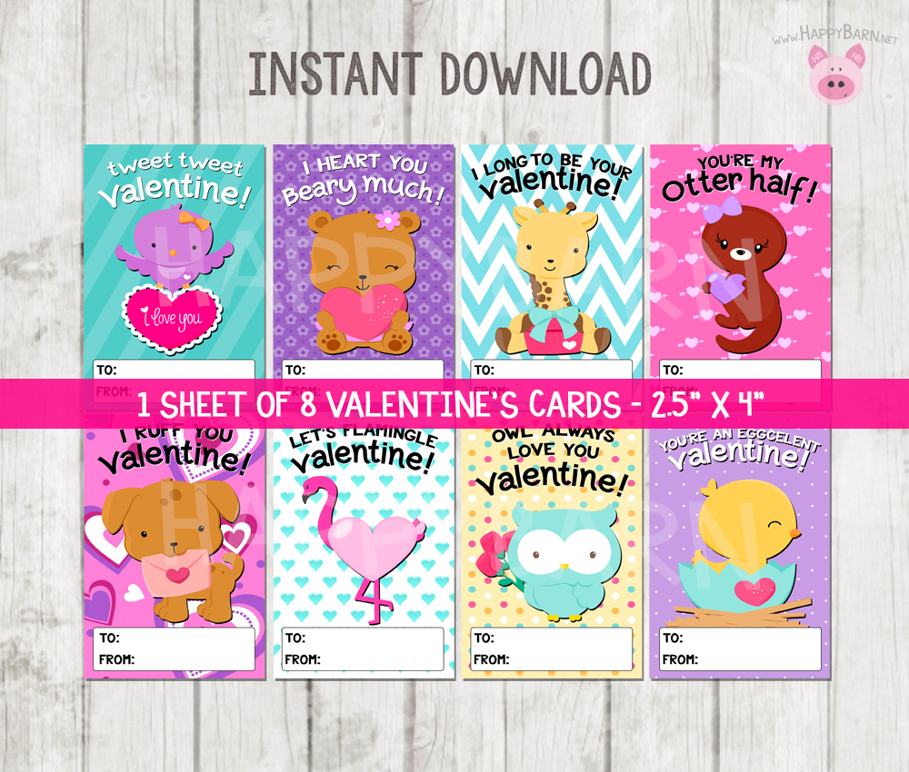Printable Animals Valentine s Day Cards Kids School Valentines Cards